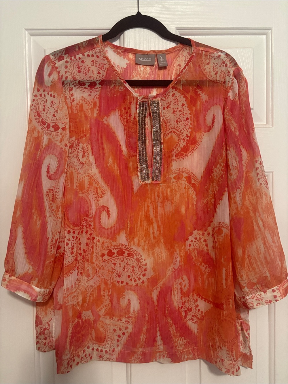 Chico's Pink & Orange Paisley Sheer Tunic with Beaded Placket
